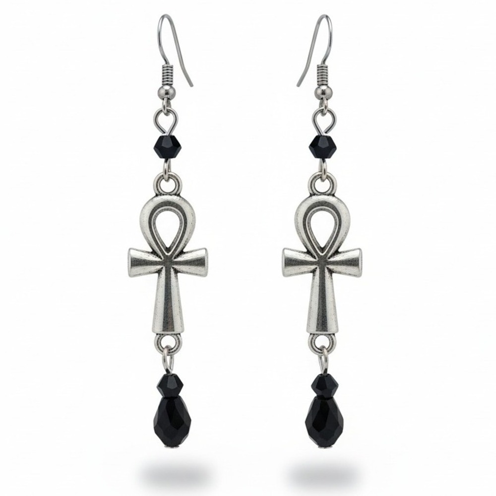 Egyptian‎ Ankh Symbol Dangle Earrings Black Crystal Silver Tone Hook
